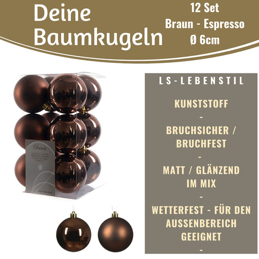 KI-generiertes Bild,12 Design Weihnachtskugeln 6cm Braun Espresso Set Kunststoff Weihnachtsbaum-Deko