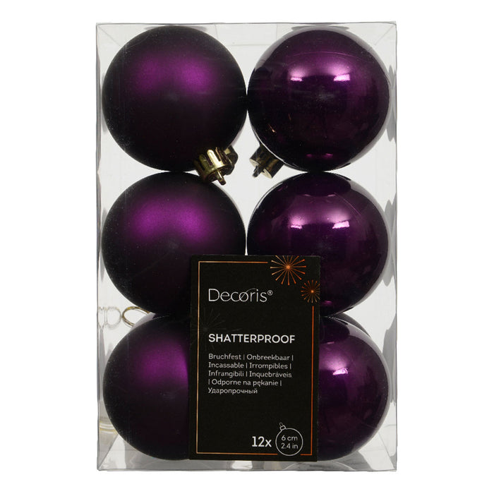 12 Design Weihnachtskugeln 6cm Feige Lila Set Kunststoff Weihnachtsbaum-Deko