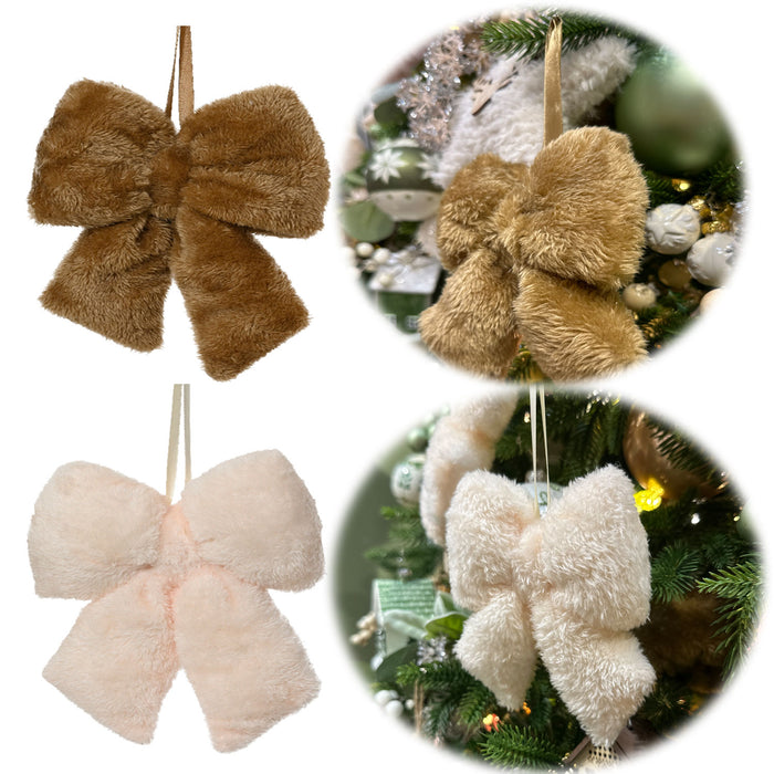 2x Weihnachtsschleifen Set 11cm Kunstfell Creme Beige Schleifen für Weihnachts-Deko