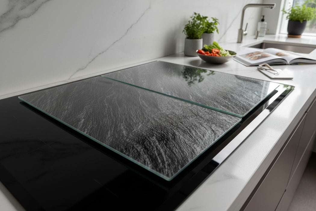 2´er Set Glas Herdabdeckplatten Schiefer 52x30cm Glasschneidebrett Schneidebrett