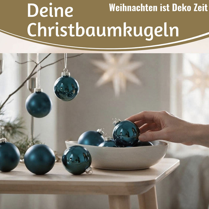KI-generiertes Bild,18-20 Design Glas Weihnachtskugeln 6cm Petrol Smaragd Christbaum Dekokugel