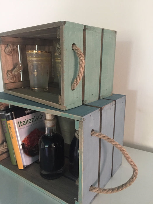 2x Holz Aufbewahrungsbox Set Grau Türkis 24/30cm Weinkiste Flaschenkorb Regal