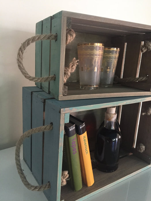 2x Holz Aufbewahrungsbox Set Grau Türkis 24/30cm Weinkiste Flaschenkorb Regal