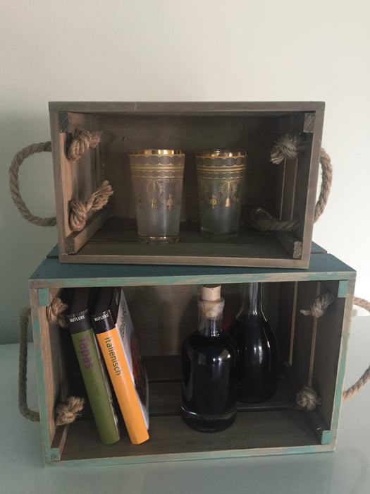 2x Holz Aufbewahrungsbox Set Grau Türkis 24/30cm Weinkiste Flaschenkorb Regal