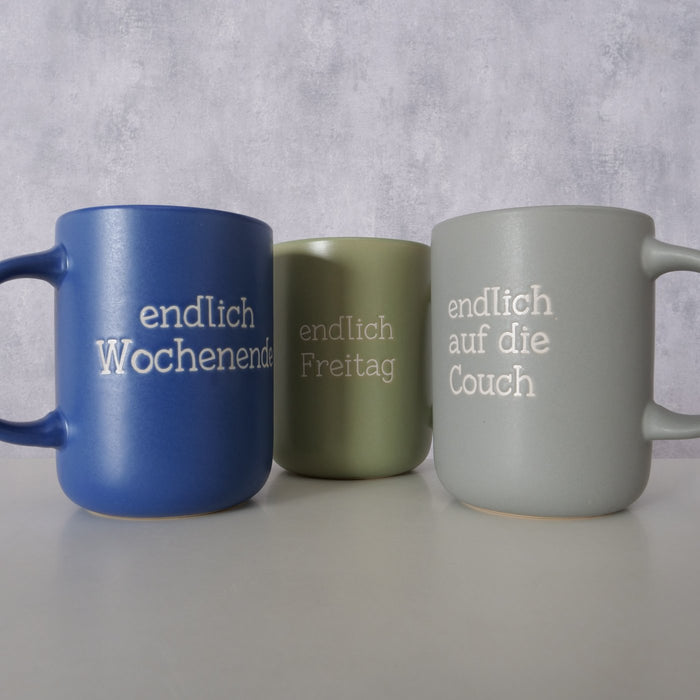 3x Jumbo Kaffeebecher 420ml Set Spruch "Wochenende" XXL Henkelbecher Kaffeetasse