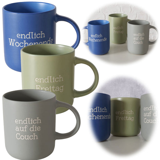 3x Jumbo Kaffeebecher 420ml Set Spruch "Wochenende" XXL Henkelbecher Kaffeetasse