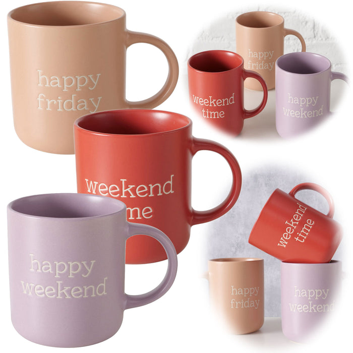 3 Jumbo Kaffeebecher 420ml Set Spruch "Weekend" XXL Henkelbecher Kaffeetasse