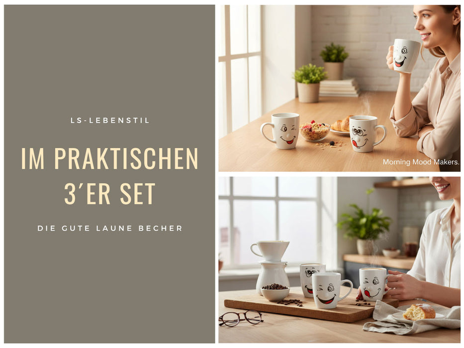3 Kaffeebecher Smiley 300ml Set lustige witzige Henkelbecher Kaffeetasse