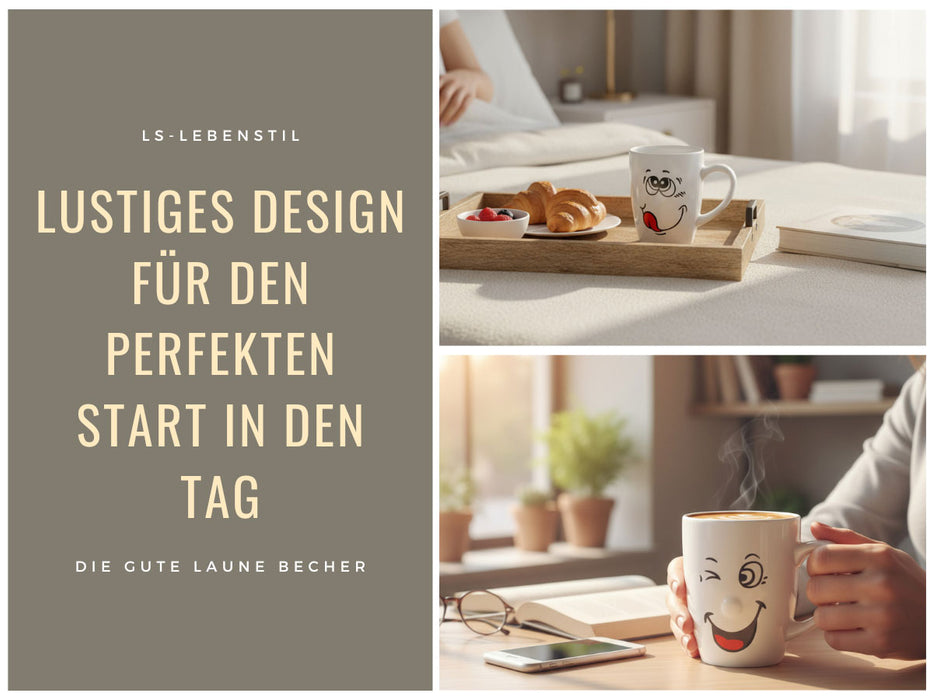 3 Kaffeebecher Smiley 300ml Set lustige witzige Henkelbecher Kaffeetasse