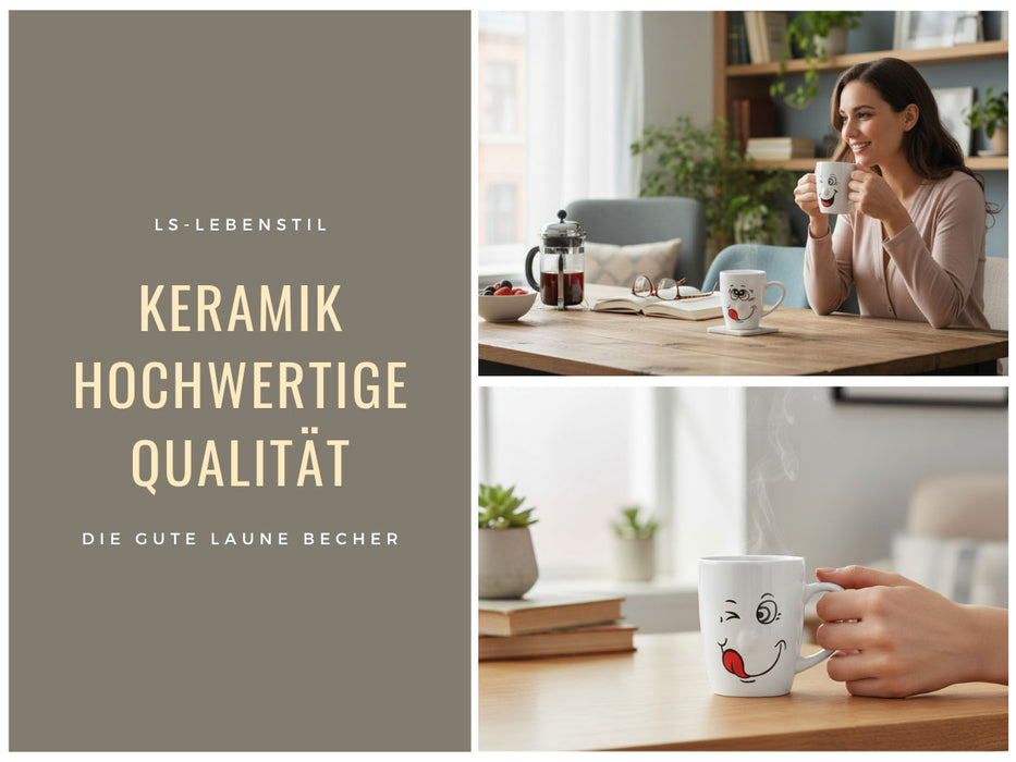 KI-generiertes Bild,3 Kaffeebecher Smiley 300ml Set lustige witzige Henkelbecher Kaffeetasse