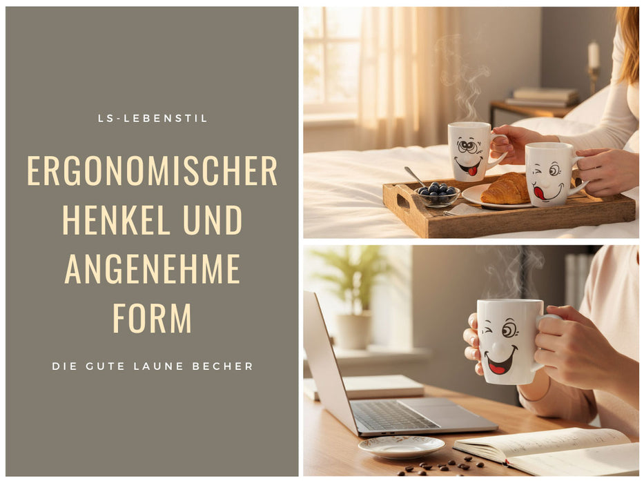 3 Kaffeebecher Smiley 300ml Set lustige witzige Henkelbecher Kaffeetasse