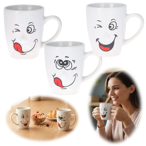 3 Kaffeebecher Smiley 300ml Set lustige witzige Henkelbecher Kaffeetasse