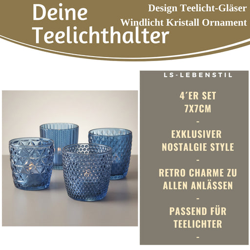 4´er Set Glas Teelichthalter Retro Blau 7cm Teelichtglas Windlicht-Halter