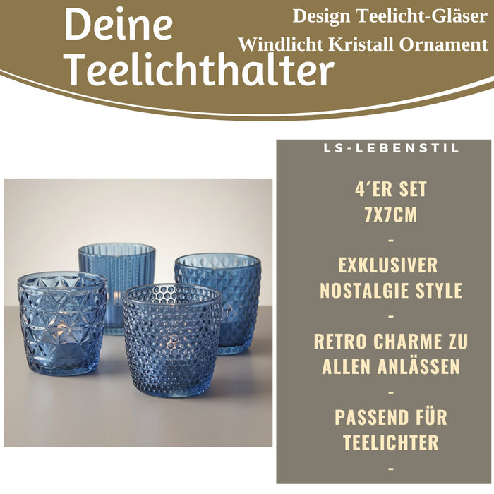 4´er Set Glas Teelichthalter Retro Blau 7cm Teelichtglas Windlicht-Halter