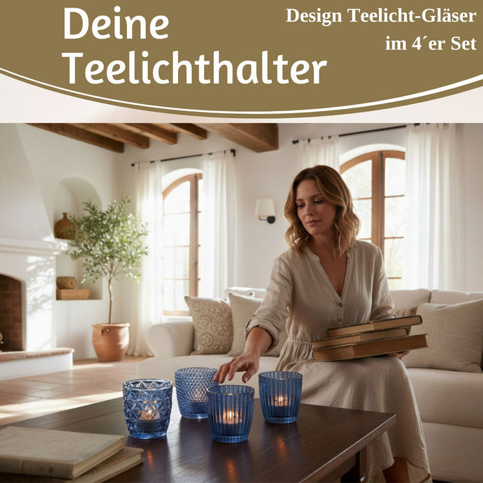 4´er Set Glas Teelichthalter Retro Blau 7cm Teelichtglas Windlicht-Halter