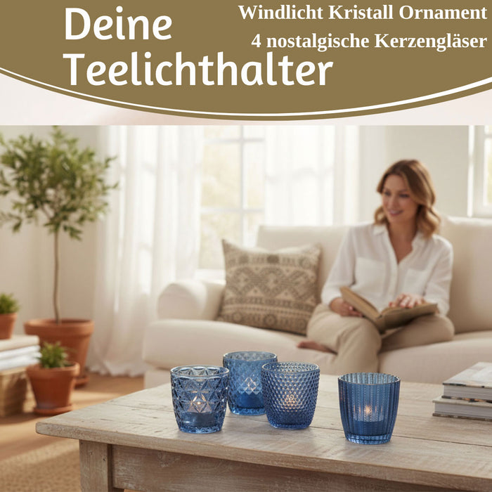 4´er Set Glas Teelichthalter Retro Blau 7cm Teelichtglas Windlicht-Halter