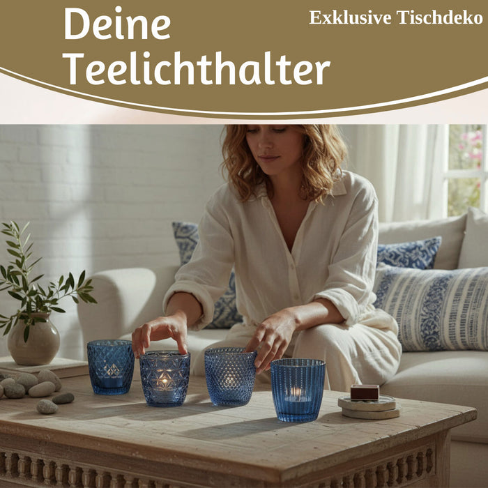 4´er Set Glas Teelichthalter Retro Blau 7cm Teelichtglas Windlicht-Halter