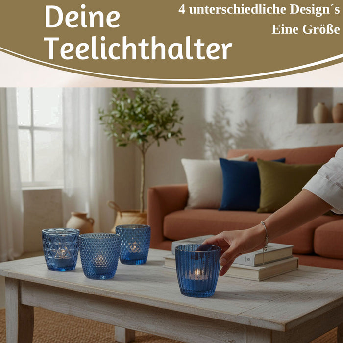 4´er Set Glas Teelichthalter Retro Blau 7cm Teelichtglas Windlicht-Halter