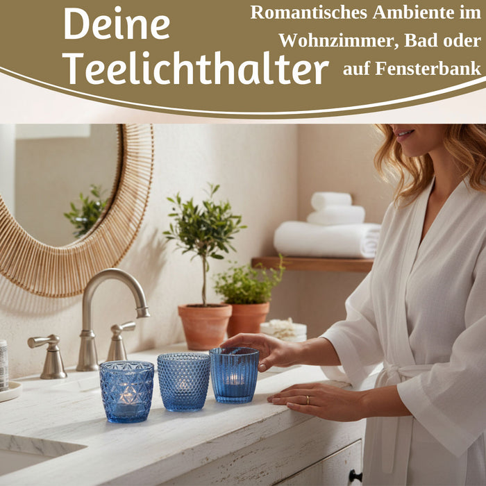 4´er Set Glas Teelichthalter Retro Blau 7cm Teelichtglas Windlicht-Halter