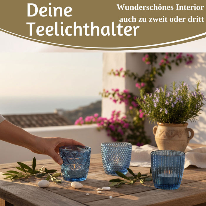 4´er Set Glas Teelichthalter Retro Blau 7cm Teelichtglas Windlicht-Halter