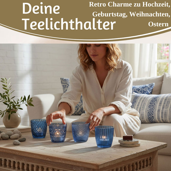 4´er Set Glas Teelichthalter Retro Blau 7cm Teelichtglas Windlicht-Halter