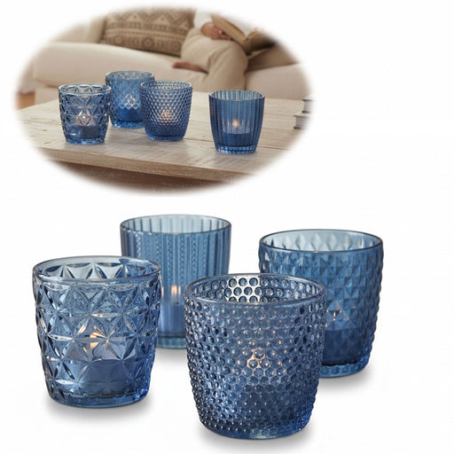 4´er Set Glas Teelichthalter Retro Blau 7cm Teelichtglas Windlicht-Halter