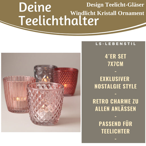 4´er Set Glas Teelichthalter Retro Rosa Rose 7cm Teelichtglas Windlicht-Halter