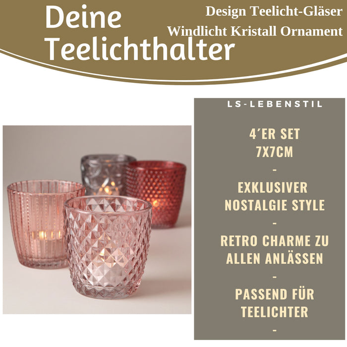 4´er Set Glas Teelichthalter Retro Rosa Rose 7cm Teelichtglas Windlicht-Halter