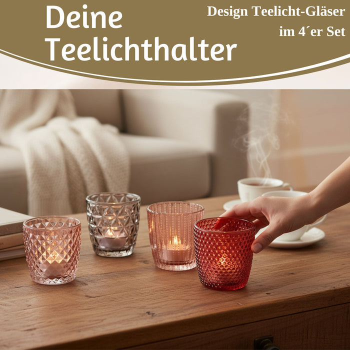 4´er Set Glas Teelichthalter Retro Rosa Rose 7cm Teelichtglas Windlicht-Halter
