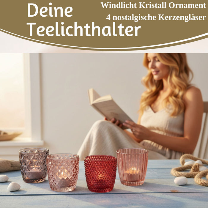 KI-generiertes Bild,4´er Set Glas Teelichthalter Retro Rosa Rose 7cm Teelichtglas Windlicht-Halter