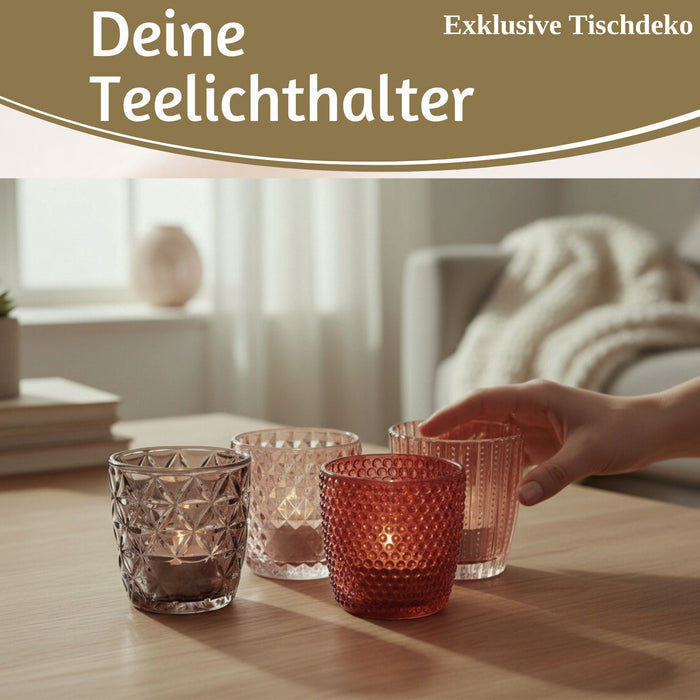 KI-generiertes Bild,4´er Set Glas Teelichthalter Retro Rosa Rose 7cm Teelichtglas Windlicht-Halter