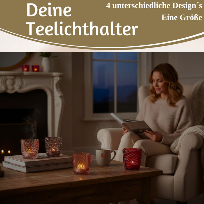 4´er Set Glas Teelichthalter Retro Rosa Rose 7cm Teelichtglas Windlicht-Halter