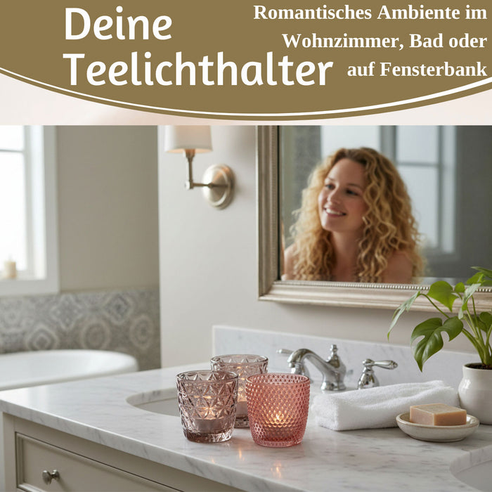 KI-generiertes Bild,4´er Set Glas Teelichthalter Retro Rosa Rose 7cm Teelichtglas Windlicht-Halter