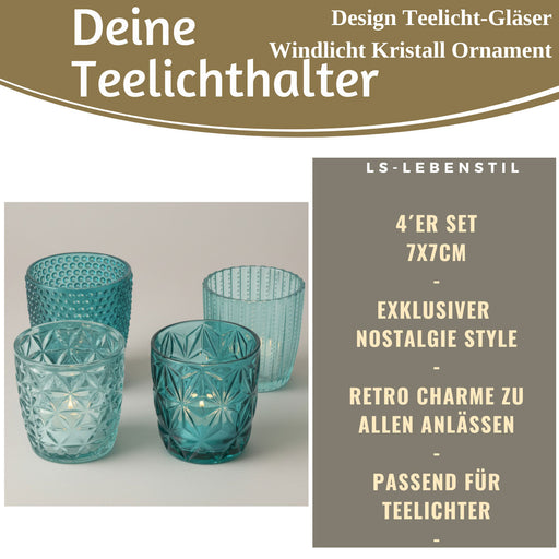 4´er Set Glas Teelichthalter Retro Türkis 7cm Teelichtglas Windlichthalter