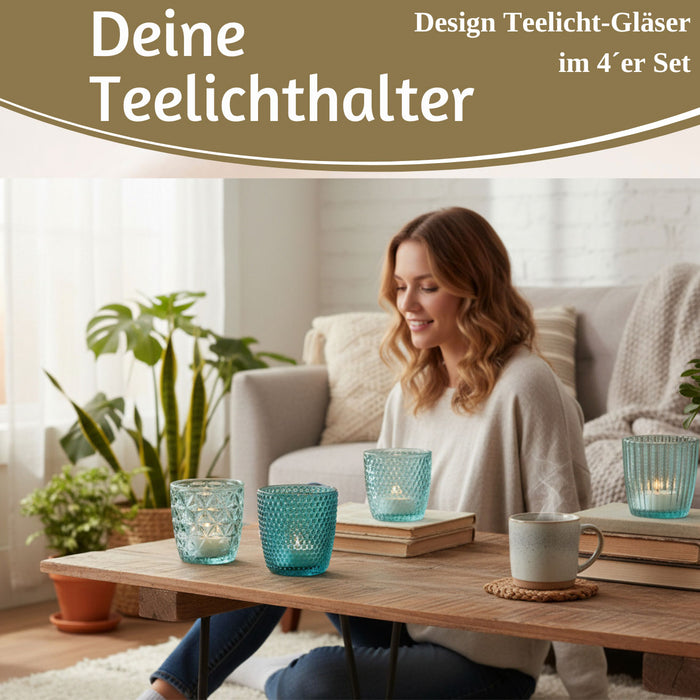 KI-generiertes Bild,4´er Set Glas Teelichthalter Retro Türkis 7cm Teelichtglas Windlichthalter