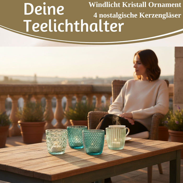 4´er Set Glas Teelichthalter Retro Türkis 7cm Teelichtglas Windlichthalter