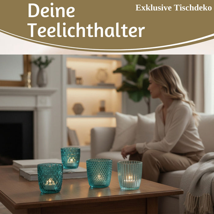 4´er Set Glas Teelichthalter Retro Türkis 7cm Teelichtglas Windlichthalter