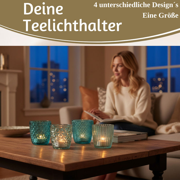4´er Set Glas Teelichthalter Retro Türkis 7cm Teelichtglas Windlichthalter