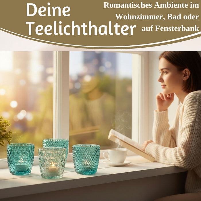 4´er Set Glas Teelichthalter Retro Türkis 7cm Teelichtglas Windlichthalter