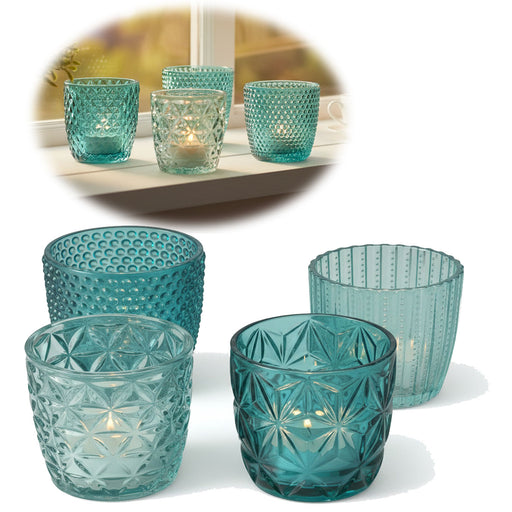 4´er Set Glas Teelichthalter Retro Türkis 7cm Teelichtglas Windlichthalter