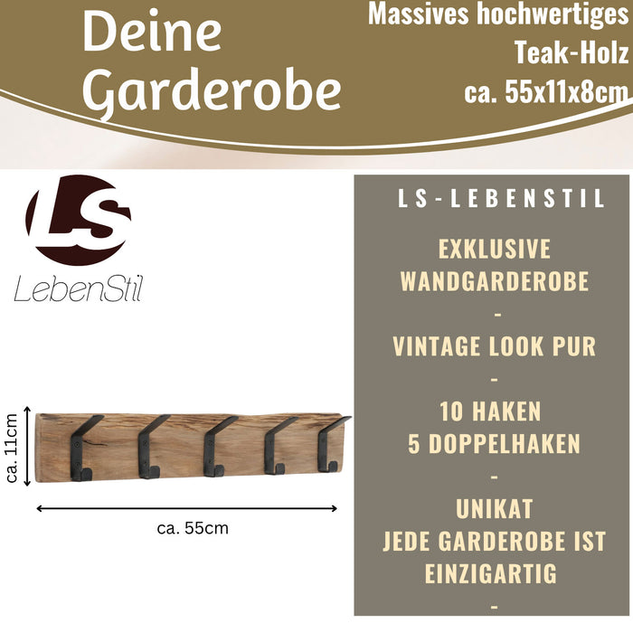 KI-generiertes Bild,Vintage Holz Wandgarderobe 55cm Eiche Braun 5 Haken Jackenhalter Garderobenleiste