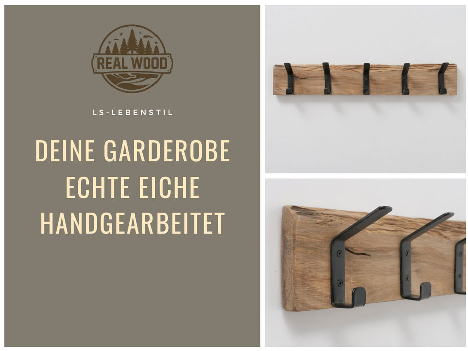 Vintage Holz Wandgarderobe 55cm Eiche Braun 5 Haken Jackenhalter Garderobenleiste