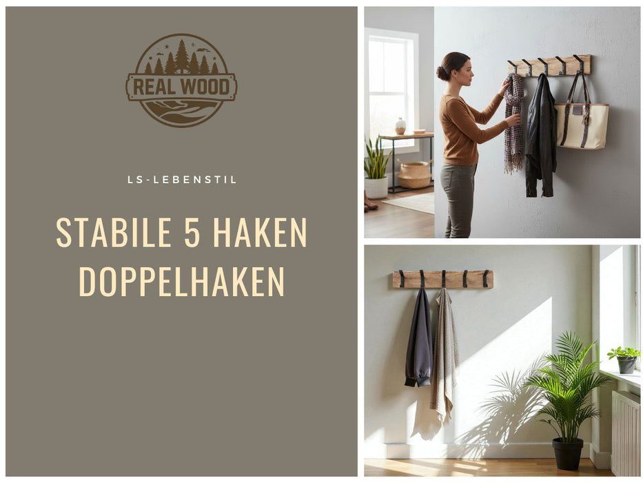 Vintage Holz Wandgarderobe 55cm Eiche Braun 5 Haken Jackenhalter Garderobenleiste