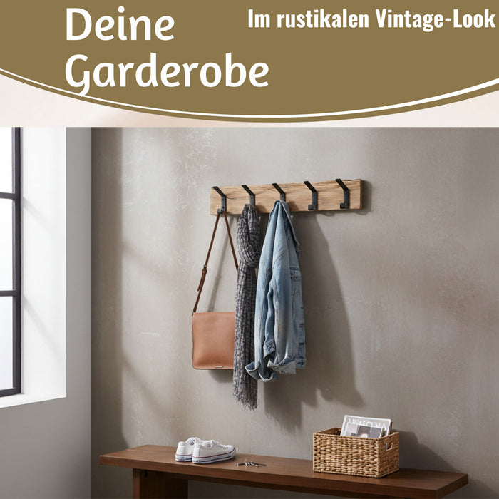 KI-generiertes Bild,Vintage Holz Wandgarderobe 55cm Eiche Braun 5 Haken Jackenhalter Garderobenleiste