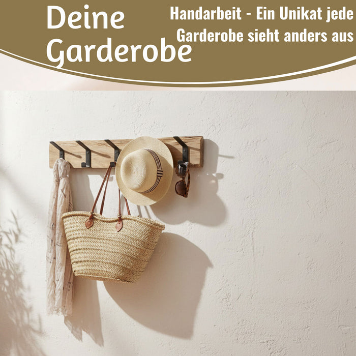 KI-generiertes Bild,Vintage Holz Wandgarderobe 55cm Eiche Braun 5 Haken Jackenhalter Garderobenleiste