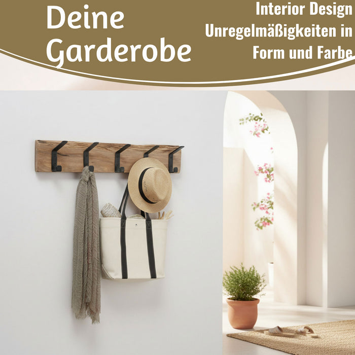 KI-generiertes Bild,Vintage Holz Wandgarderobe 55cm Eiche Braun 5 Haken Jackenhalter Garderobenleiste