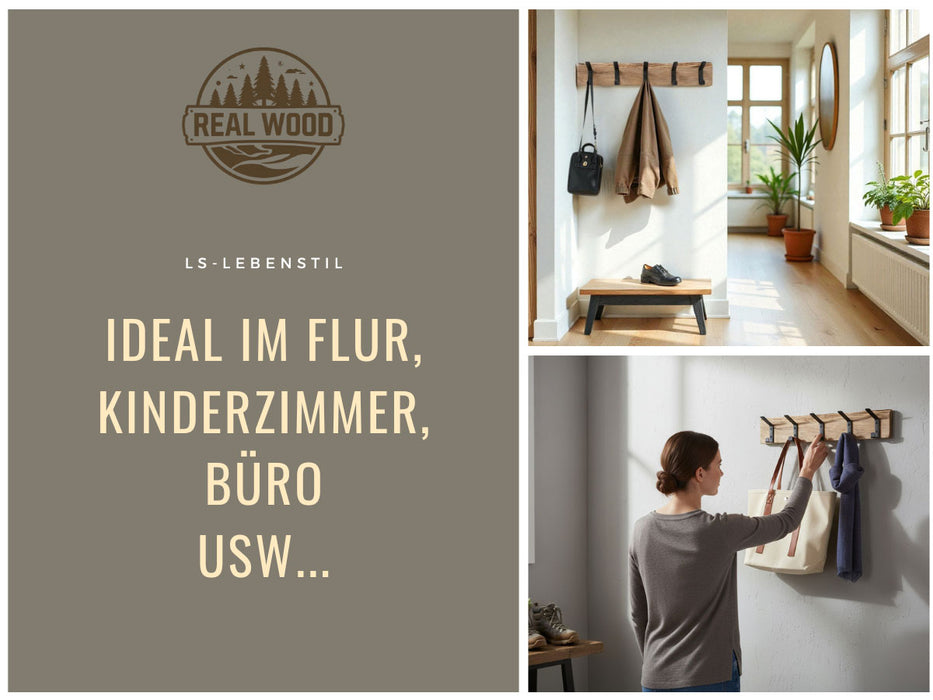 Vintage Holz Wandgarderobe 55cm Eiche Braun 5 Haken Jackenhalter Garderobenleiste