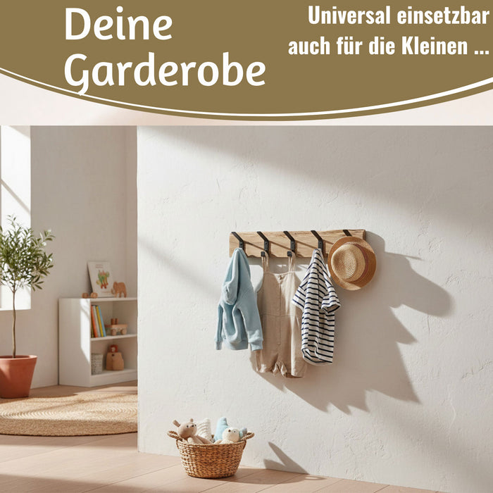 KI-generiertes Bild,Vintage Holz Wandgarderobe 55cm Eiche Braun 5 Haken Jackenhalter Garderobenleiste