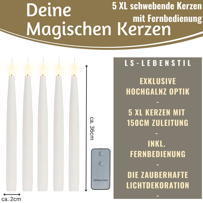 KI-generiertes Bild,5 XL LED 3D schwebende Stabkerzen 36cm Weiß Kerzen Fernbedienung flackernde Kerze