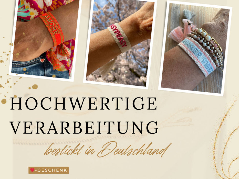 KI-generiertes Bild,Canvas Statement Armband Herzen Multi Colour Bunt Quasten besticktes Webarmband